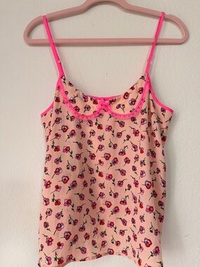 Y2K Juicy Couture Floral Cami Pink Lace Trim Coquette Dainty Spring Top Size M